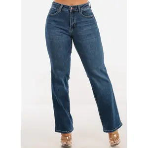 High Waist Straight Wide Leg Stretch Jeans Med Blue