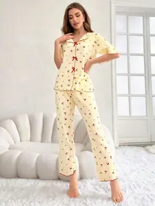 Women's Cherry Print Sleepwear Set, Soft Comfortable Two-Piece Home Wear, Spring Summer Ladies Short Sleeve Pajamas