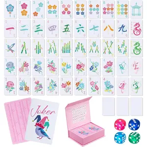 168 Pcs Mahjong Playing Cards American Style Blossom Numbered Large Print PVC Poker Mahjong Tiles with 4 Dices 2 Storage Box for Travel Home, Portable Gift for Adults Beginners