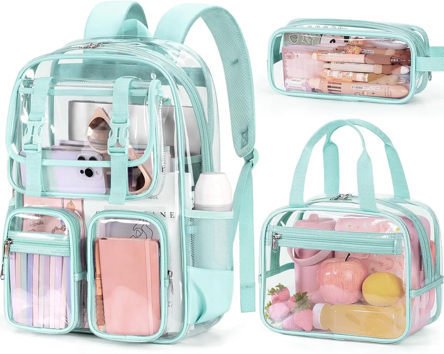 Fimibuke Clear Backpack for Girls - 3 PCS Heavy Duty Kids Clear Bags Schoolbag Large Transparent PVC Bookbag with Lunch Box Pencil Case Set for Travel School Concert Stadium Events Backpacks