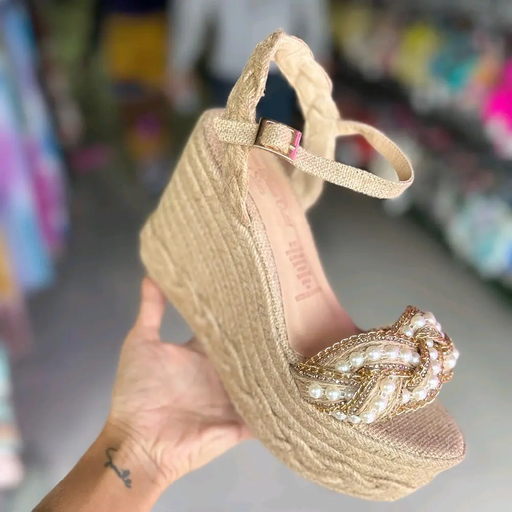 Fashio Pearl Embellished Espadrille Wedge Sandal with T-strap and Gold Color Details for Women