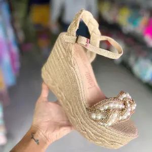 Fashio Pearl Embellished Espadrille Wedge Sandal with T-strap and Gold Color Details for Women