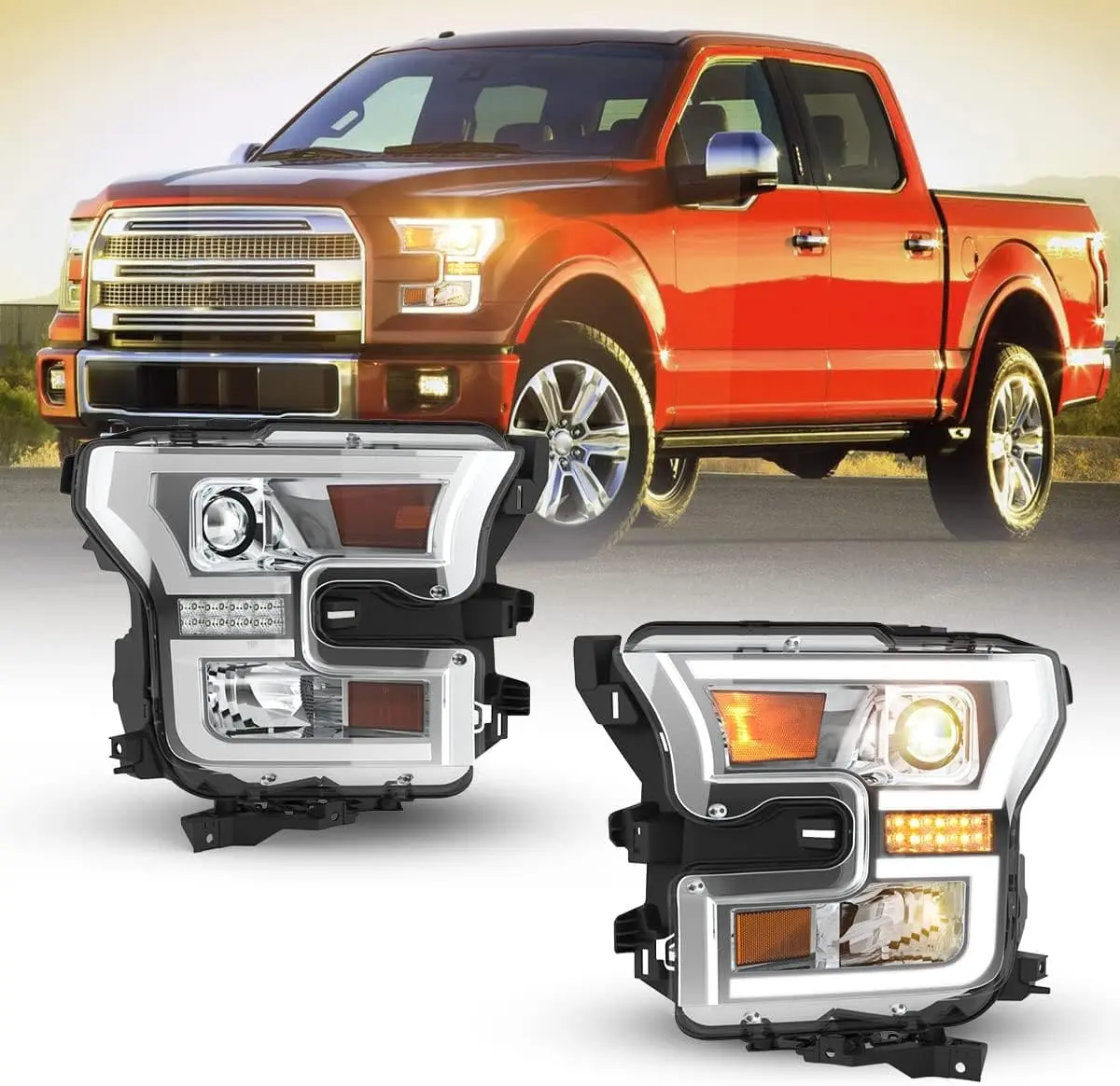 WOLFSTORM Pair Set Black Housing LED Headlight Assembly, H1 12V 55W Dual Beam IP67 Rated Driving Light, Easy-Install Waterproof for 2015-2017 Ford F-150 & 2017-2020 Ford F-150 Raptor Car Exterior Upgrade, Led Lights