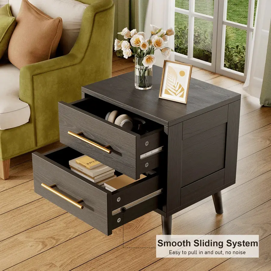 Classy Freestanding Modern Nightstand - 2-Drawer Lacquered Finish Furniture with Gold Glide Handles, 15"d x 18.2"w End Side Table for Bedroom, Home Decor Mirrored Console with Inlay Marble Charging Station, Smooth Sliders