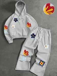 2 Piece Floral Embroidery Hoodie Long Sleeves and Jogger Set, Cozy Unisex Lounge Set for Teens and Young Adults, Street Style Casual Wear