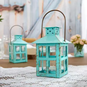Kate Aspen Decorative Lantern, Vintage Metal Tealight Candle Lanterns, Centerpiece for Wedding Table, Accent Piece & Party Favor, Turquoise - 6 Sets