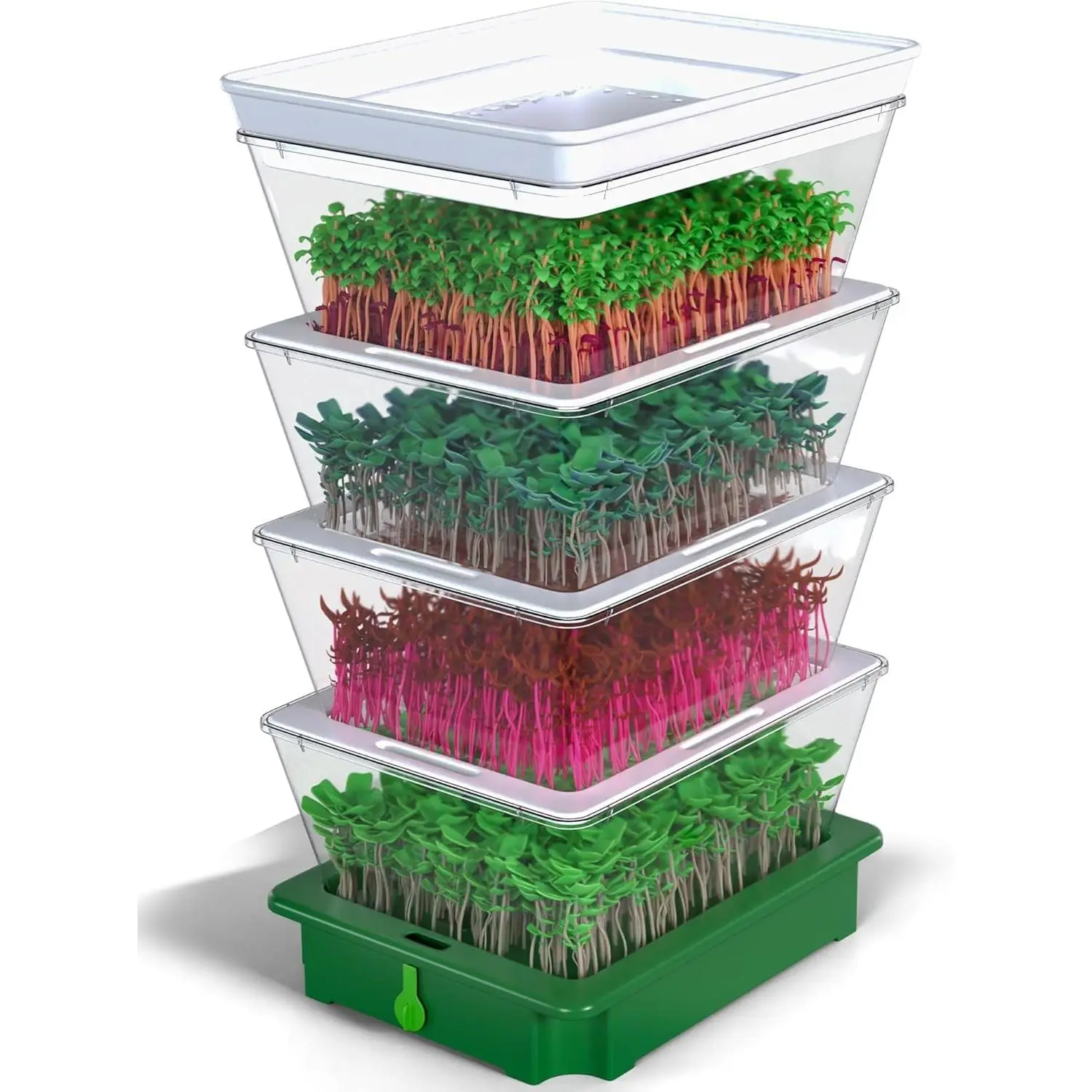 4-Tier Multi-Level BPA-Free Stackable Plastic Seed Sprouter Trays with Drain Spout for Easy Home Sprouting, Stacked Tiers