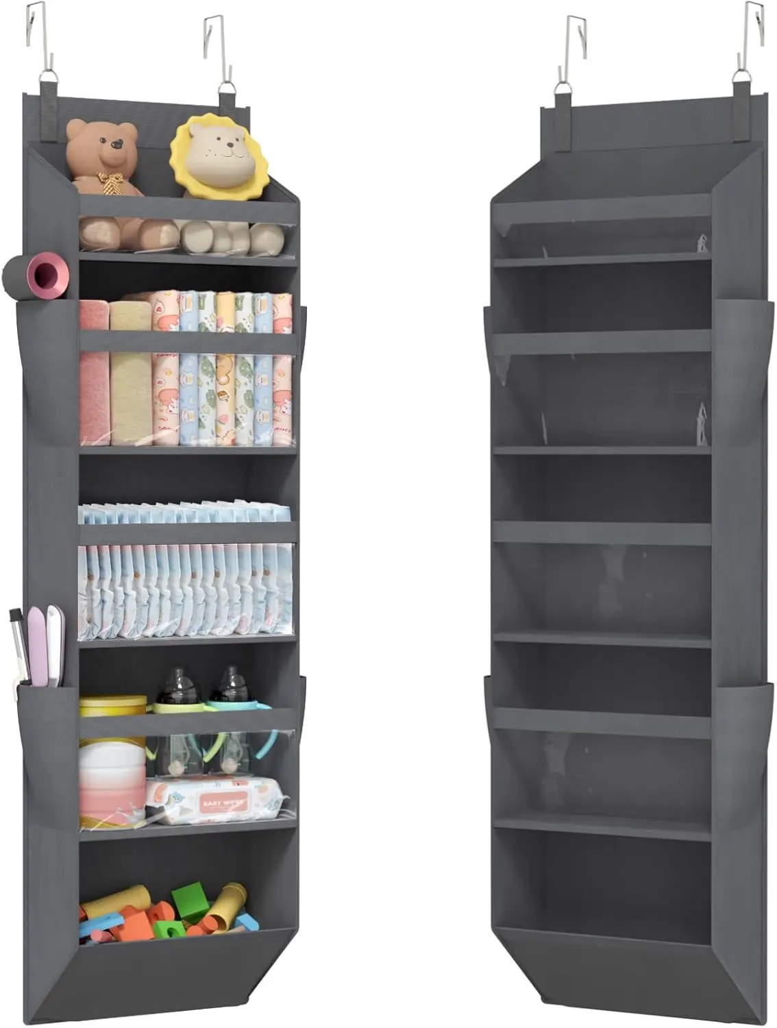 1 Pack Over the Door Organizer, 5 Section Clear Window Hanging Storage with 4 Side Pockets, Sturdy Anti Tilt 40 lbs Load Behind Door for Closet, Bedroom, Bathroom, Nursery, Dorm, Dark Gray