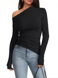 Women's Long Sleeve Asymmetrical Shoulder T-Shirt, Elegant Slim Fit Top, Basic Plain Design, Fall & Winter Commuter Wear, Womenswear