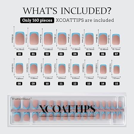 BTArtboxnails XCOATTIPS French Tip Press On Nails - Blue Short Square Fake Nail Tips, 160Pcs Soak Off Soft Gel Acrylic Nail Extension in 16 Sizes