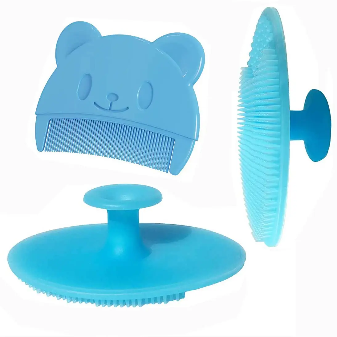 Baby Bath Brush Set, 3PCS Cradle Cap Brush and Comb, Soft Silicone Scalp Massage Brush for Newborn, Infant and Toddlers, Gentle Baby Hair Brush & Comb Kit (Blue)