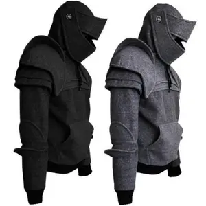 Men Sweatshirt Solid Color Front Pocket Pullover Hoodie Plain Medieval Style Face Cover Hooded Knight Halloween Clothing Costumes Long Sleeve