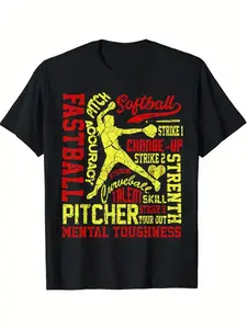 1pc 100% Cotton Softball Pitcher'S Best Characteristic Pattern Printed T-Shirt Spring And Summer Round Neck Short Sleeved Men'S T-Shirt Lightweight And Breathable Casual Sports Top Holiday Gift