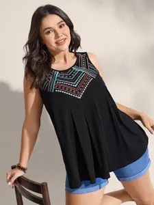 BLOOMCHIC Plus Size Women's Boho Geometric Embroidered Sleeveless Tank Top - Round Neck, Pleated Front Panel, Black, Regular Fit, Low Stretch, Arm Freedom, Easter Appropriate Clothes 2026 Summer Vibes Bohemian Womenswear Swimweek