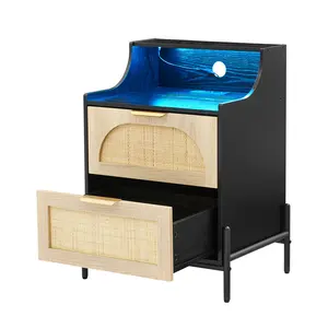 Rattan Nightstand with Charging Station, Wooden Accent End Table with 2 Drawers, Sofa Side Table for Living Room Bedroom