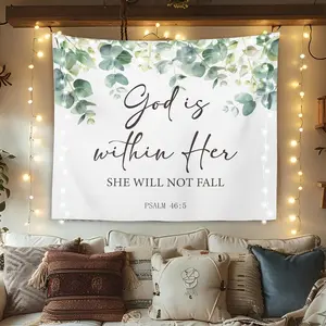 Bible Verses Christian Tapestry Wall Hanging for Bedroom, God is Within Her She Will Not Fall, Scripture Eucalyptus Wall Art Decor, Bible Verses Wall Decor, Christian Home Room Decor, 50×60 inches
