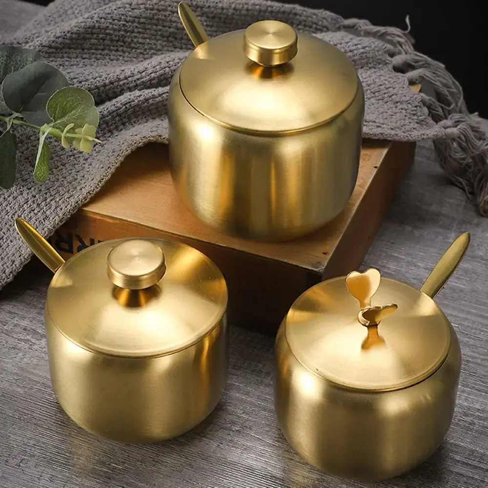 Gold Stainless Steel Sugar Bowl with Lid, Kitchen Seasoning Utensil