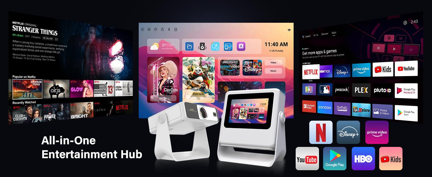 Aepuosem A10pro Touch Screen Projector 7-inch 1080P Native 4K Auto Focus Dolby Sound Wi-Fi 6 Bluetooth 180° Rotation for Games Movies Gifts Audio Connection Lcd