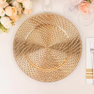 6-Pack Acrylic Charger Plates 13" Round Metallic Gold with Swirl Rattan Pattern - Farmhouse Plastic Charger Tableware