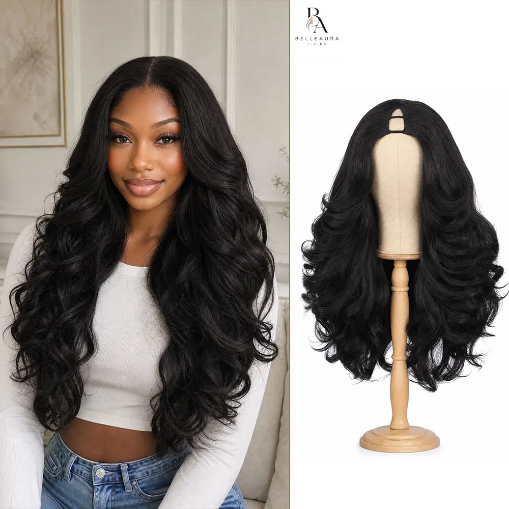 Yaki Curly V Part Wig 26 Inch, Synthetic Half Wig Glueless U Part, Flip Curls, Natural, for Women, Daily Party Use, Natural Looking Wig, Glueless Wavy Wig