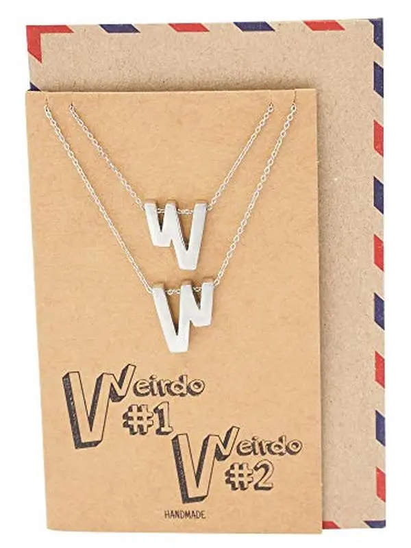 Quan Jewelry Partner Necklaces with W Pendant, Gifts for Couples, Girlfriends, Sisters, and BFF, Handmade Friendship Charms with Greeting Card Set of 2