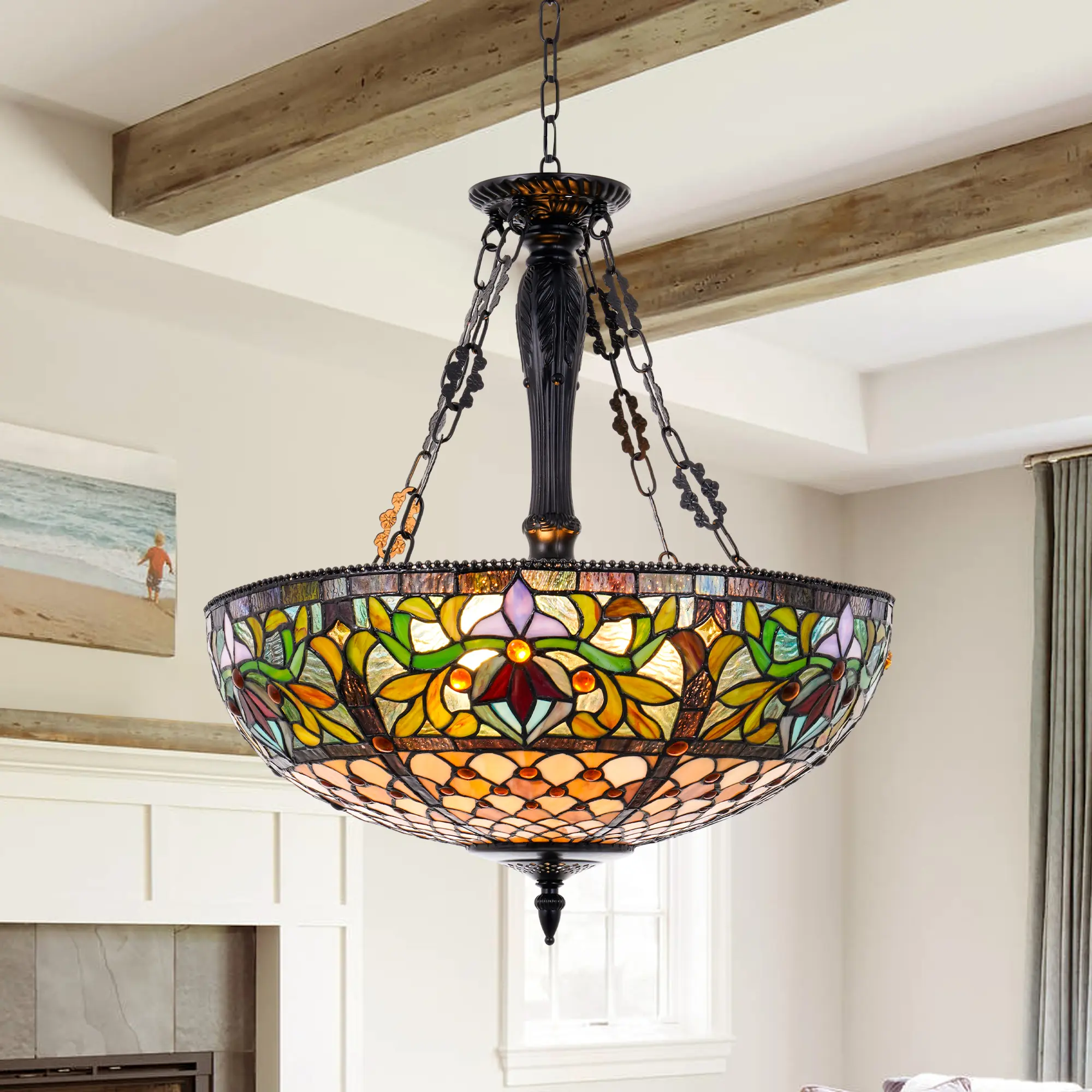 5-Light Rustic Country Stained Glass Pendant Light - Adjustable Indoor Home Lighting Fixture with Brilliant Glow for Living Room Ceilings