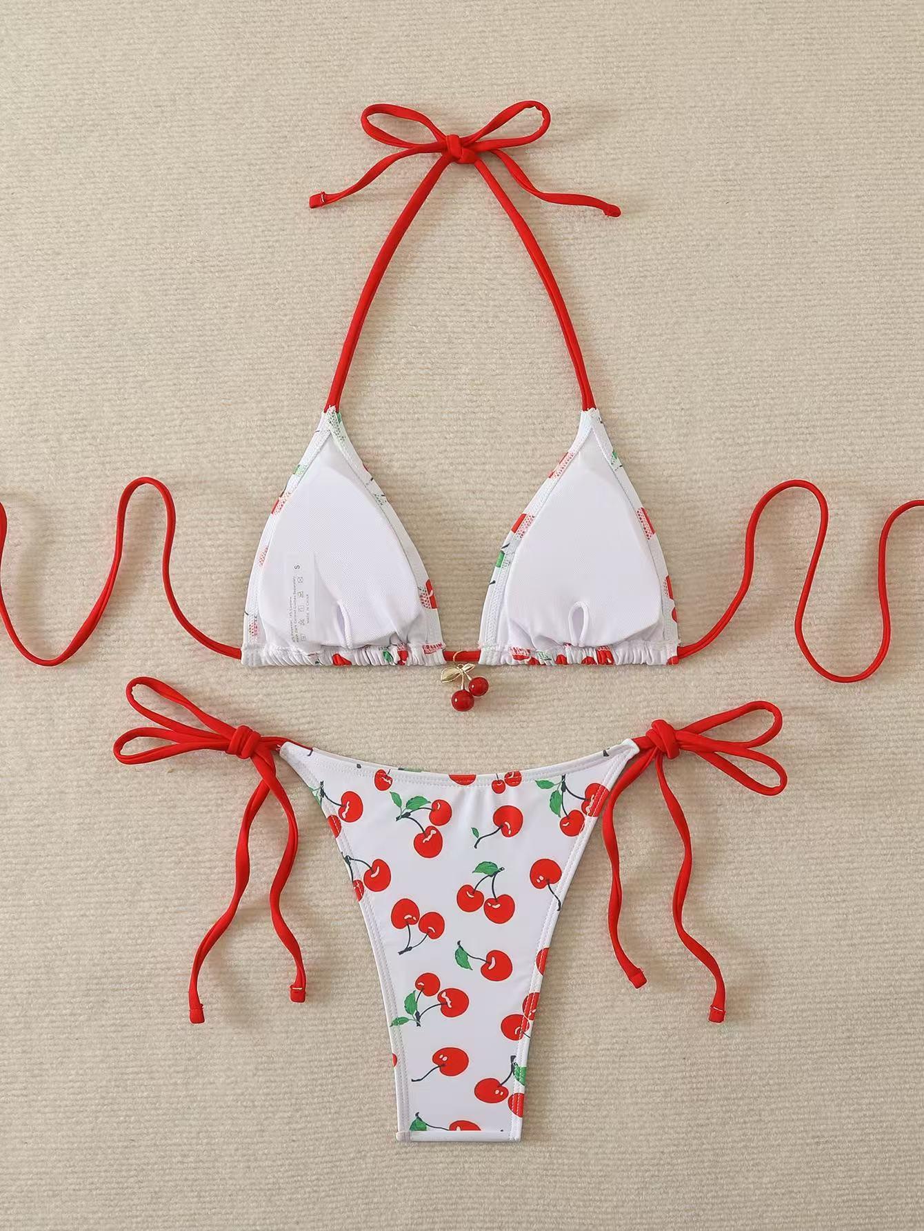 Women's split swimsuit, two-piece set - paired with cherry pendant | girlish color scheme | suitable for summer beach vacations, hot springs, and water parks | swimsuit