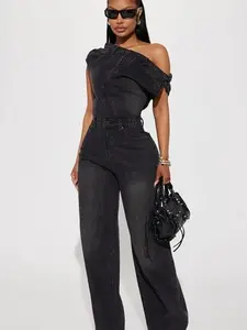 Dakota Denim Jumpsuit - Black with Overalls and Rippers - Rompers Casual Pink