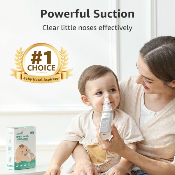 Grownsy Nasal Aspirator for Baby, Electric Nose Aspirator for Toddler, Baby Nose Sucker, Automatic Nose Cleaner with 3 Silicone Tips, Adjustable Suction Level, Music and Light Soothing Function
