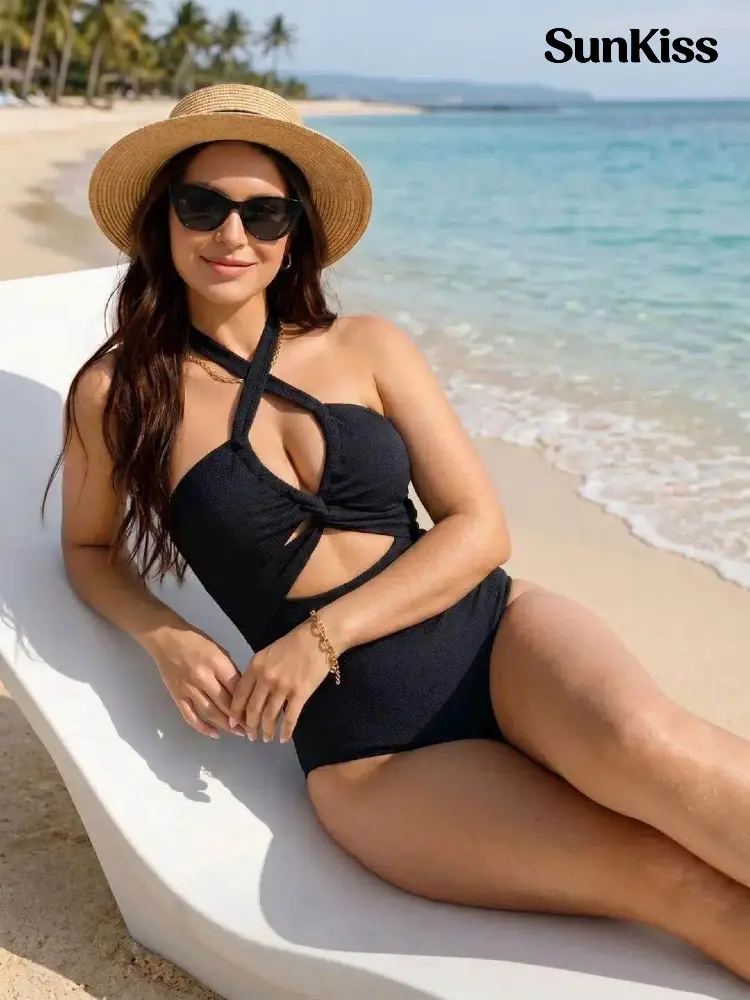 Women's 1-Piece Swimsuit, Elegant Cross Halter Monokini with a Deep V Neck and Cut Out, High Stretch Backless Slim Fit Bathing Suit, Bodycon Monokini Swimsuit, Monokini Bathing Suit