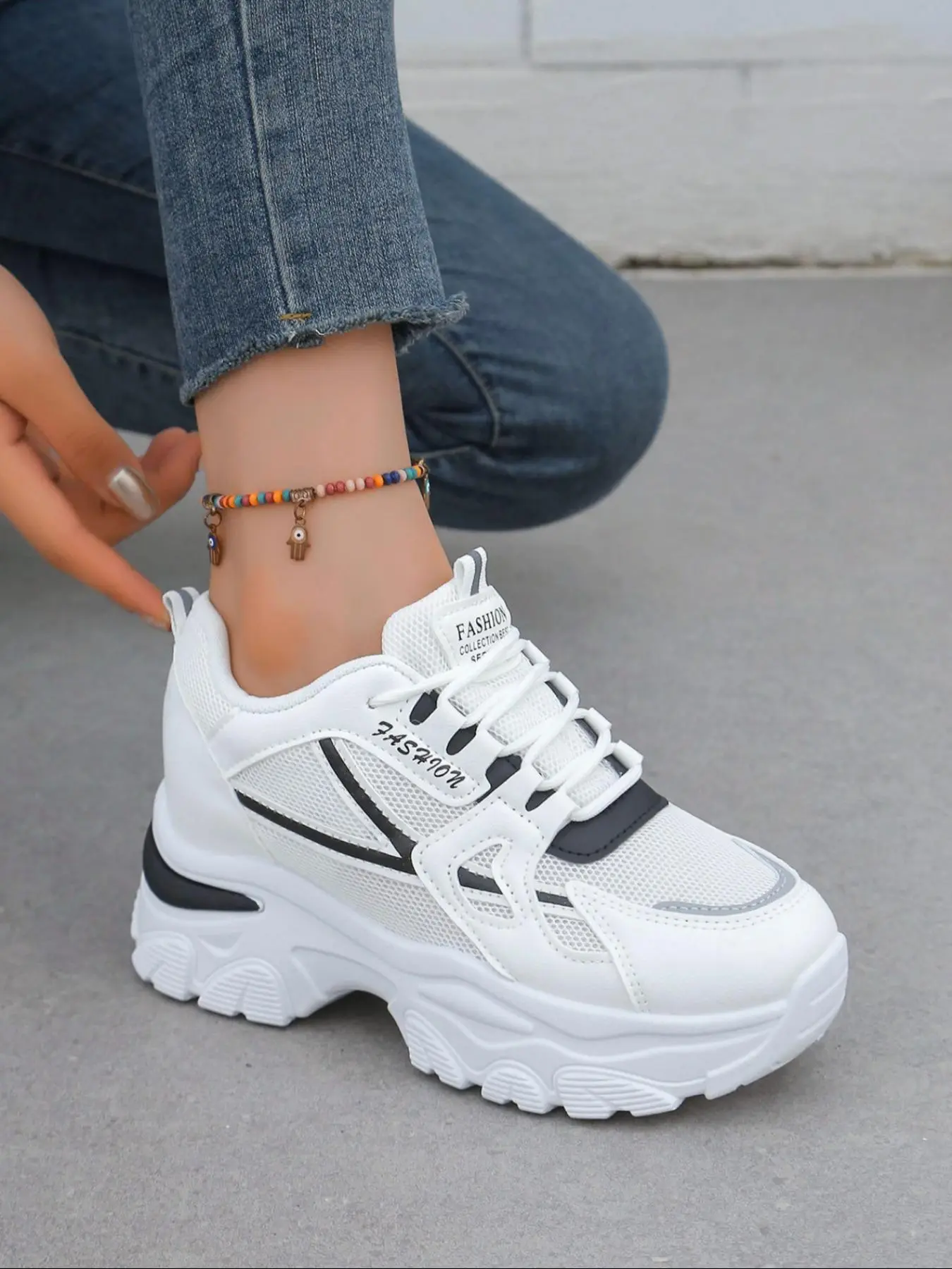 Women's athleisure lace-up sneakers, All seasons sneakers, breathable upper comfortable design, thick-soled heightened daddy shoes, suitable for daily casual and commuting wear, gifting and back-to-school wear, Casual athletic footwear
