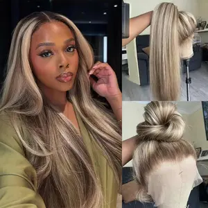 Straight Lace Frontal Wig Blonde Highlight Colored 200% Density Ash Blonde Highlight Wih Light Grey Pre Plucked Human 13X6 HD Transparent Lace 613 Colored Straight For Woman