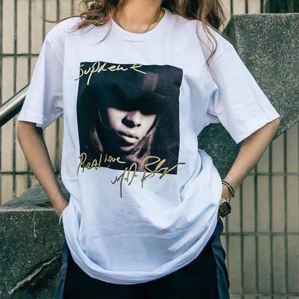 Mary J. Blige Round Neck Unisex White Shirt Cotton Top