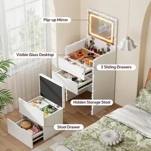 White/Pink Fashion Makeup Vanity Set, Vanity Desk & 3D Artificial Diamond Sticker, Vanity Table & Flip-Up 3-Color Makeup Mirror, Dressing Table With Stool, Drawer Cabinet With 3 Sliding Drawers(1 Visible Drawer) + 1 Flip-Top Storage Space, Storage Cabinet
