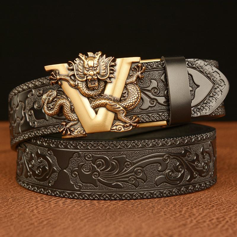 Men’s Vintage V-Shaped Dragon Belt, Carved Automatic Buckle, Unique Casual Denim Accessory Perfect for Street Shoots, Jeans Outfits