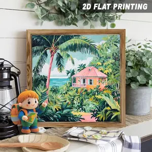 2D Flat, 1Pc Decorative Wooden Framed Painting, Palm Tree Tropical Cottage, Seaside Vacation Theme, Wall Decoration, Artistic Style, Suitable for Bedroom, Living Room, Coastal Home Decor, 8x8inch