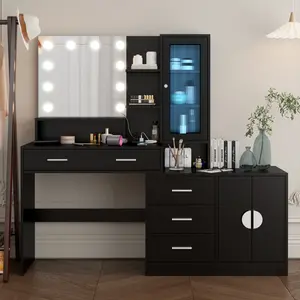 Large Makeup Vanity with Lights, Vanity Table with Charging Station, Vanity Desk with Mirror and 10 LED Light Bulbs, Makeup Table with Drawers and Storage Shelves and Cabinets, Black(High end and high-quality) vanity  without  let vanity  with  chair
