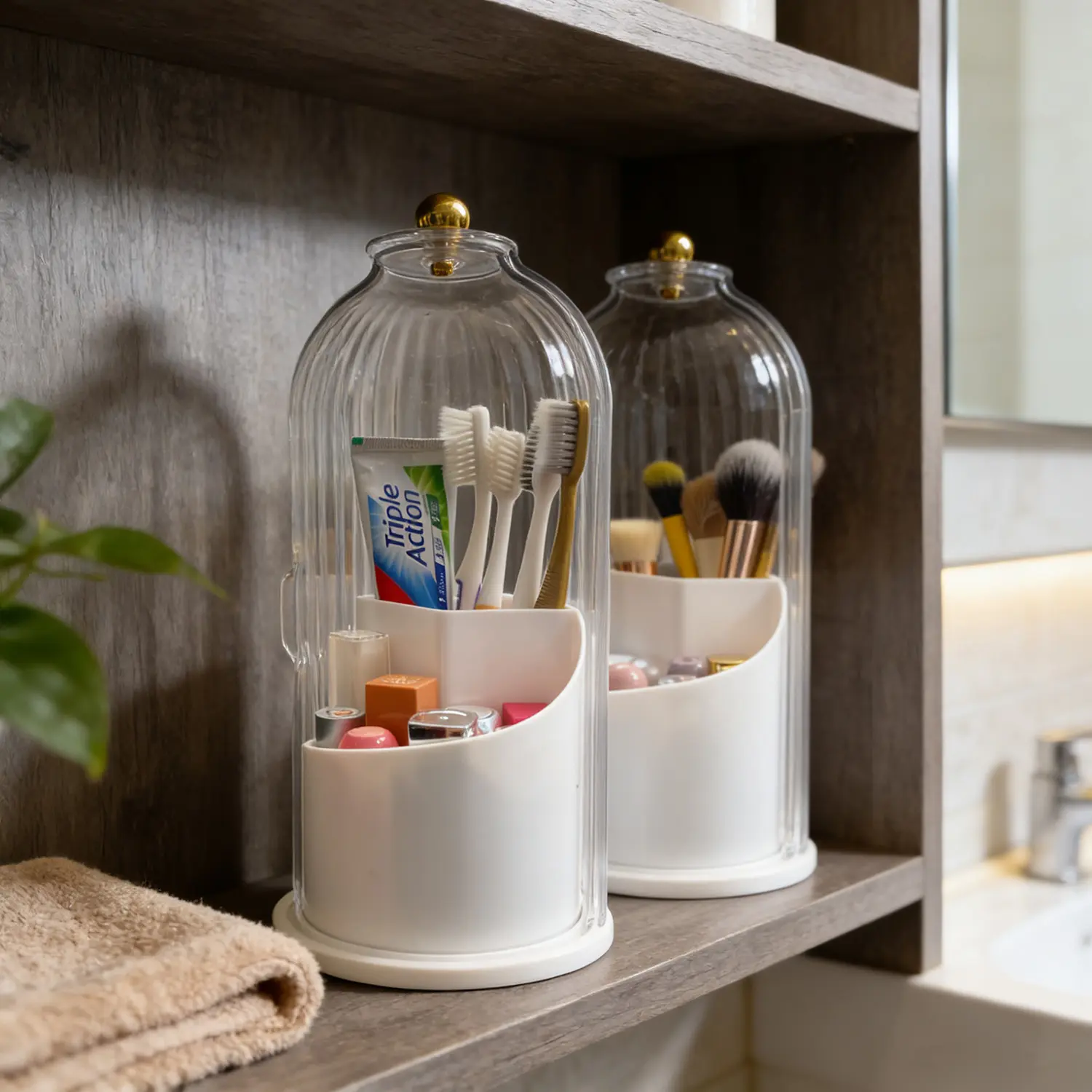 360° Rotating Toothbrush Holder for Bathroom Counter - Clear Dustproof Cover Organizer with Drainage, Anti-Slip Design for Vanity, Skincare Storage & Makeup Brush Holder
