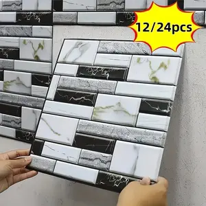 12/24 Piece Brick Pattern Wall Stickers, Tiles Sticker, PVC Decals, 30cm x 30cm Foam Board, Waterproof Self-adhesive, Easy to y, Cleanable and Cuttable, Suitable for Kitchen, Living Room, Bathroom, Home Decor