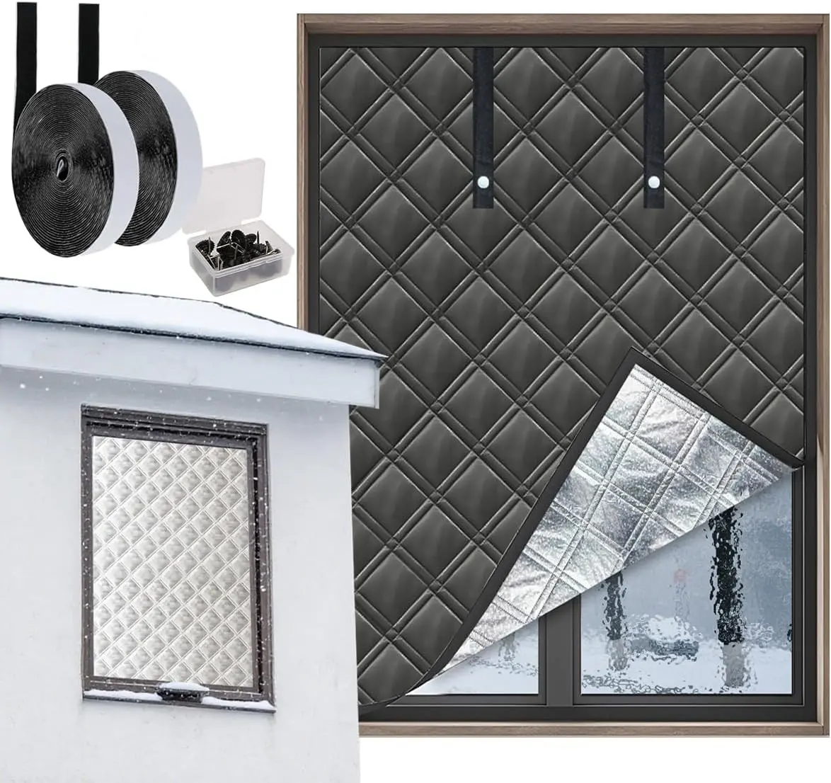 Thermal Window Cover for Winter,Max Adjustable to 43x59,Durable Oxford Cloth,Cotton,Aluminum foil 3 Layer Material Reusable Window Insulation for Winter,Suitable for Old Windows to Save Heating Costs
