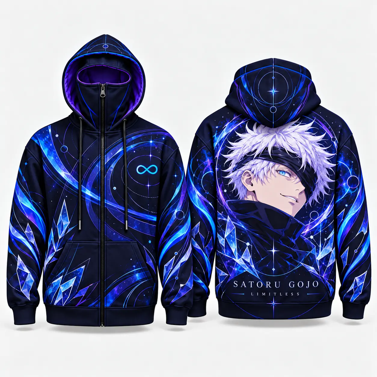 Satoru Gojo Jujutsu Kaisen All Over Print Zip Up Hoodie with Integrated Face Mask, Blue Anime Hooded Jacket
