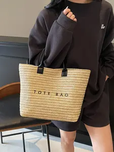 Korean Style Minimalist Straw Tote Bag, Letter Embroidery Leather Patch Handbag, Large Capacity Shoulder Bag for Summer Beach Vacation