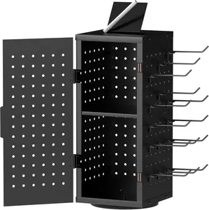 Rotating Pegboard Display Stand With 24 - Spinning Peg Board Organizer Accessories with Door, Display Stand for Keychain, Jewelry, Earring(Black)