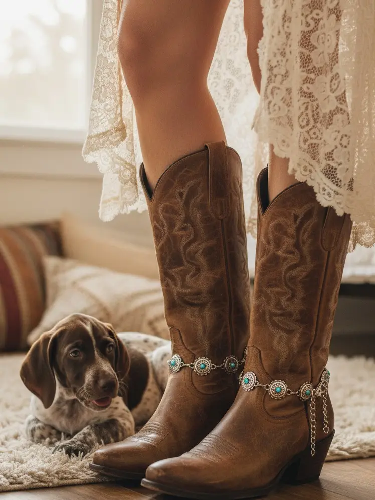 BC98 Women's Silver Metal Chain Boot Bracelet Set with Turquoise Blue Flower Charms Western Rodeo Line Dancing Nashville Festival Fashion Bling Boot Strap Anklet 2PCS