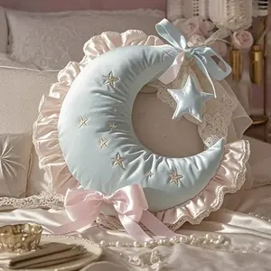 Cute Moon Shaped Pillow with Star Decor & Ruffled Trim, Aesthetic Summer Vibe Soft Cushion for Girls Bedroom Home Decor