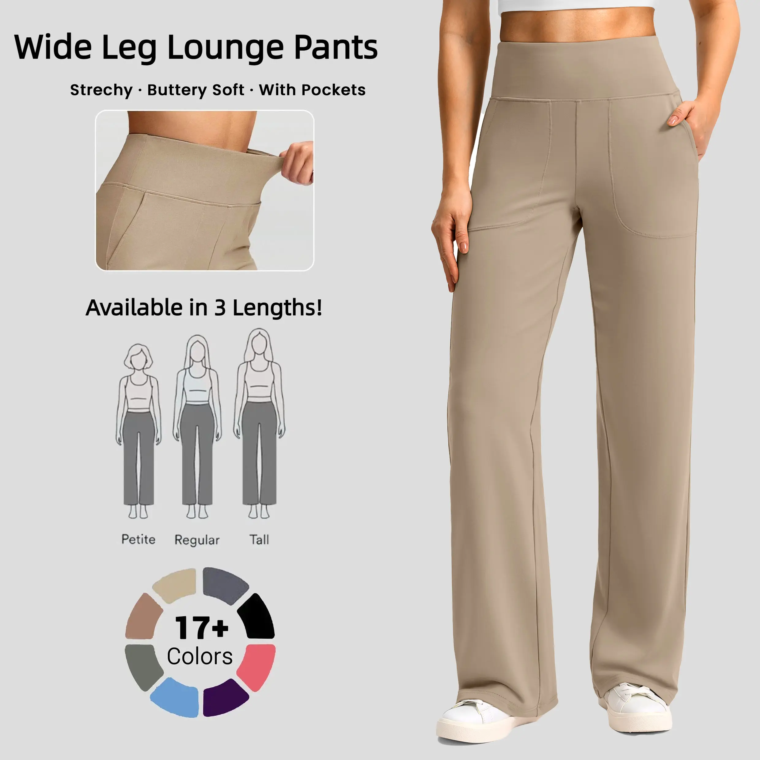 G Gradual Female Full-Length High Waist Wide Leg Yoga Pants with Pockets - Stretch Soft Athleisure Fitness Bottoms, Athletic Casual Pants, Casual Sportswear (Petite/Regular/Tall)