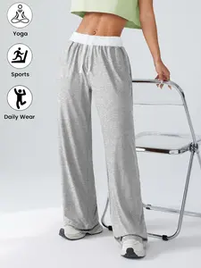Stylish Color Block Hidden Waist Drawstring Pocket Wide Leg Pants for Women, Loose-Fit Yoga Sport Trousers for All Seasons, Loose Sweatpants, High Waist Pocket