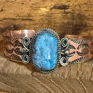 Navajo Inspired Copper And Turquoise Cuff Bracelet Signed By Jackie Cleveland
