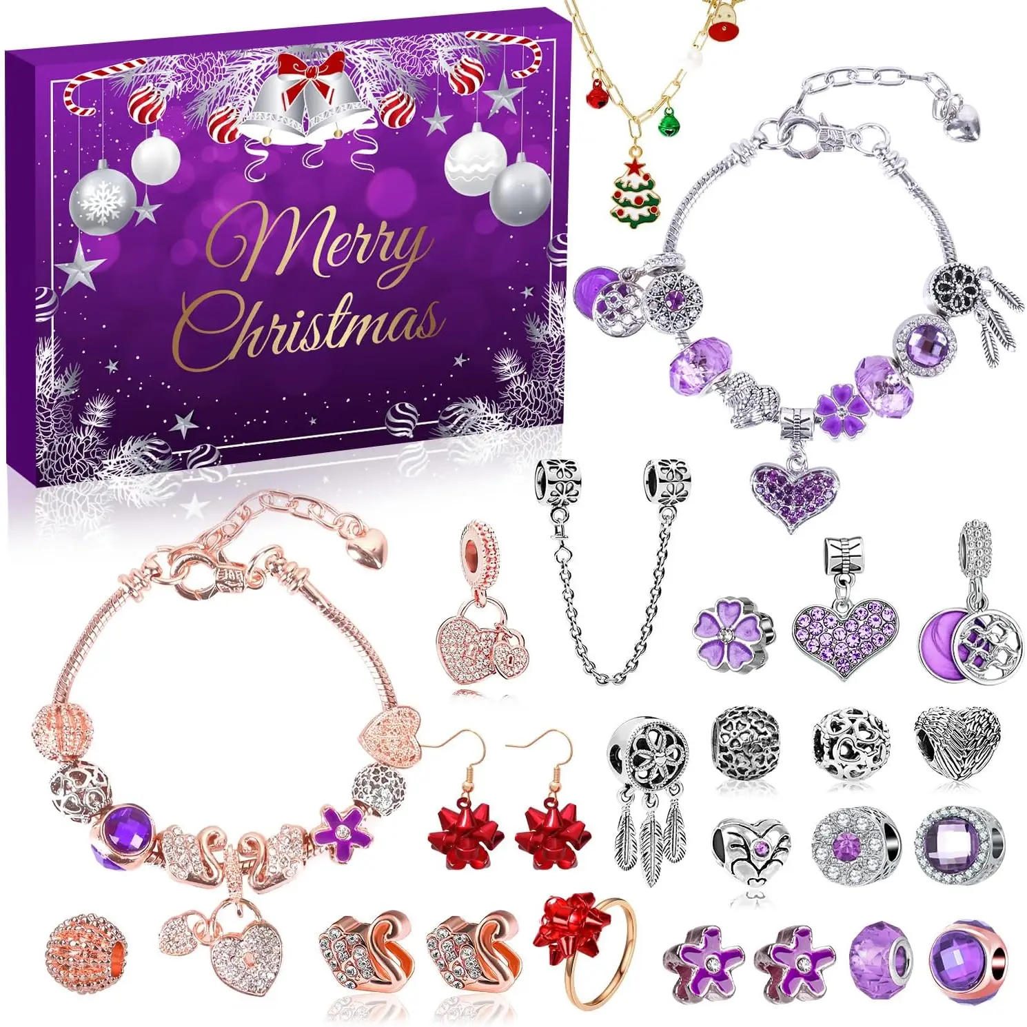 Advent Calendar Charm Bracelet 2024 for Teenage Girls Women, 24 Days Jewelry Necklace Bracelets Making Kit - Christmas Countdown Gifts for Teen Girl Daughter, Girlfriend, Wife, Mom (Purple) MOVINPE