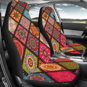 Boho Style Geometric Floral Pattern Automotive Seat Covers, Durable Polyester Car Seat Protector, Universal Car Interior Accessories for Front & Rear Seats